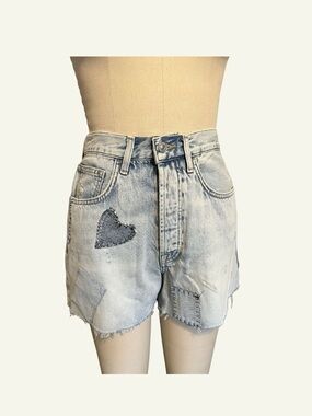 7 For All Mankind Light Blue Distressed Denim Shorts with Heart Patch